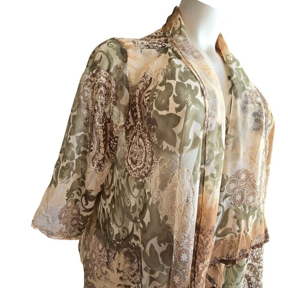 Paisley Kimono Shawl Cardigan Wrap Brown and Green and Gold OS  JJ4028 - Picture 2 of 9